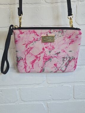 Pink Marble-Print Wristlet Crossbody with Gold Plaque